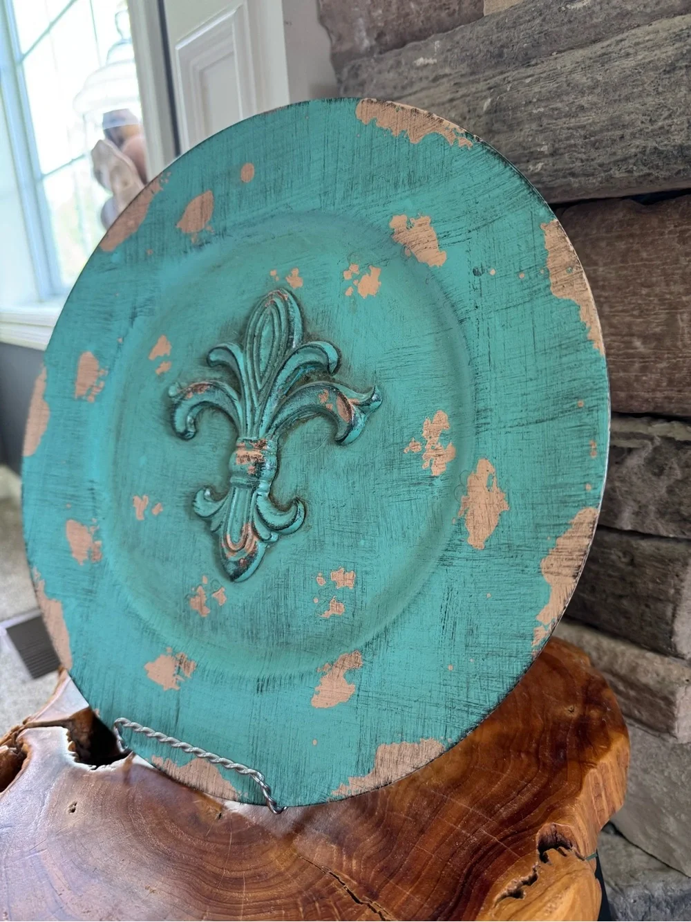 Distressed Turquoise Fleur De Lis Decorative Charger Plate Raised Wall Decor 13”